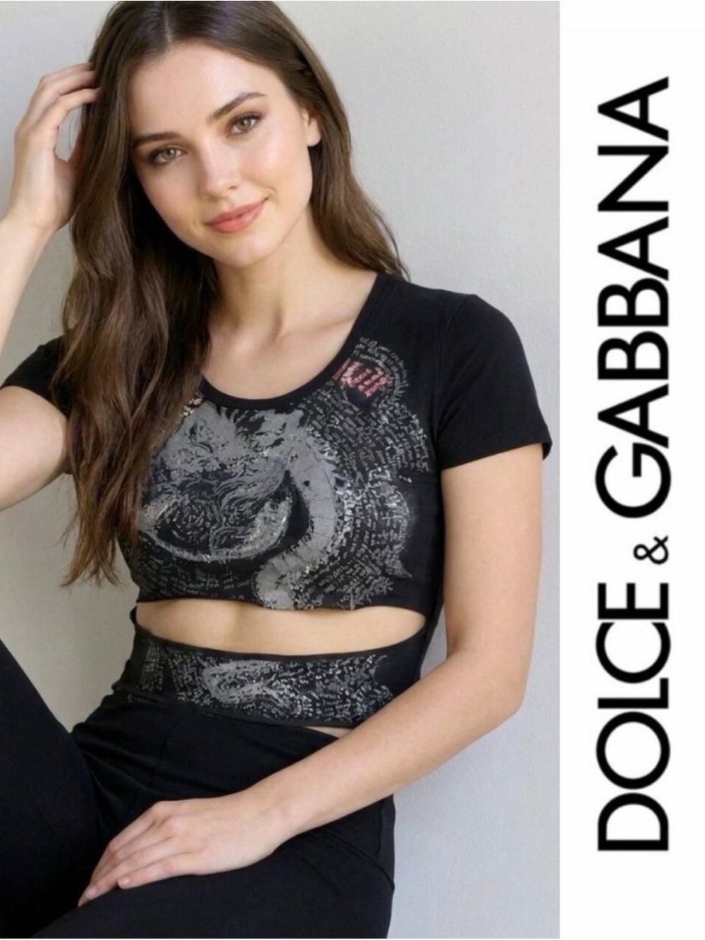 Vintage Dolce & Gabbana Y2K Black T-Shirt Rhinestone Dragon Cut Up Tee Shirt